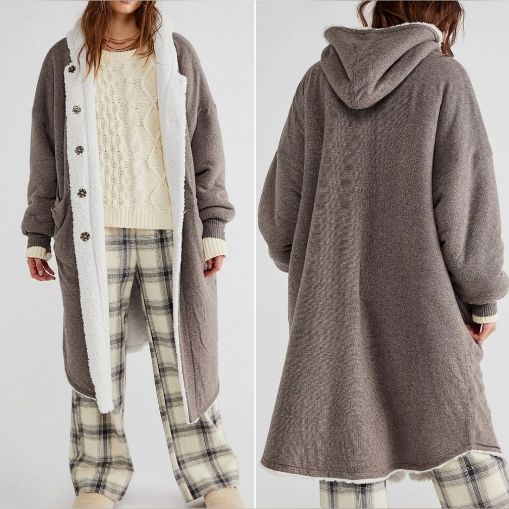 Free People North Pole Cardi Maxi Coat Reversible Cozy Sherpa Comfty Hodded